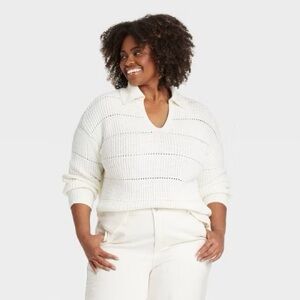 Ava & Viv White Side Slit Collared Pullover Long Sleeve Sweater